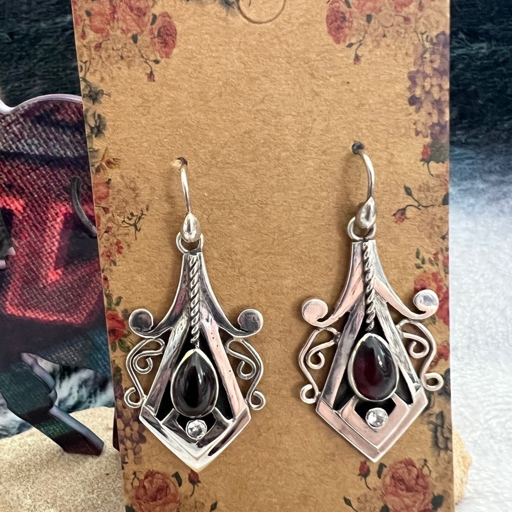 ❤️ Garnet Sterling 925 Earrings 10.3gms Art-Deco Boho Ethnic Theme 1970’s